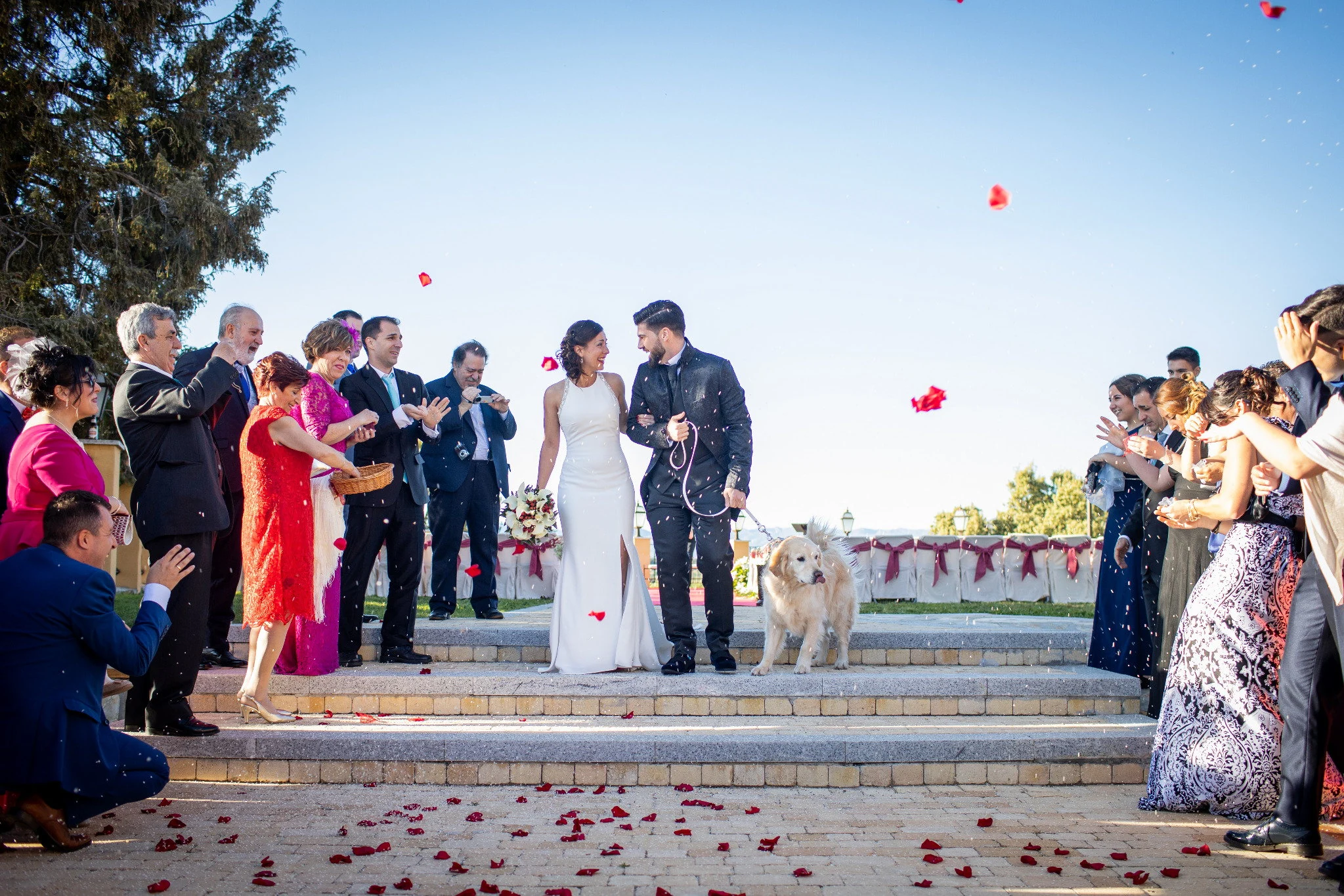 Salida novios pétalos en Aldea Santillana, Madrid.
