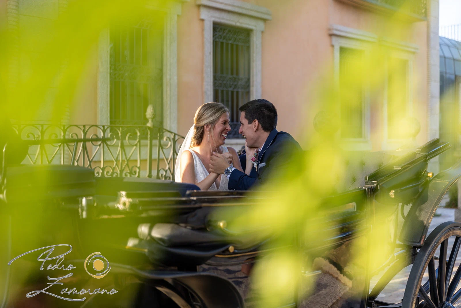 Novios carruaje momento natural en Aldea Santillana, Madrid.