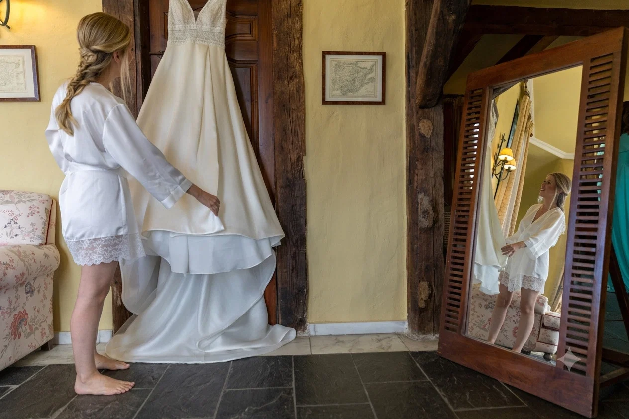 Novia vestido espejo en Aldea Santillana, Madrid.