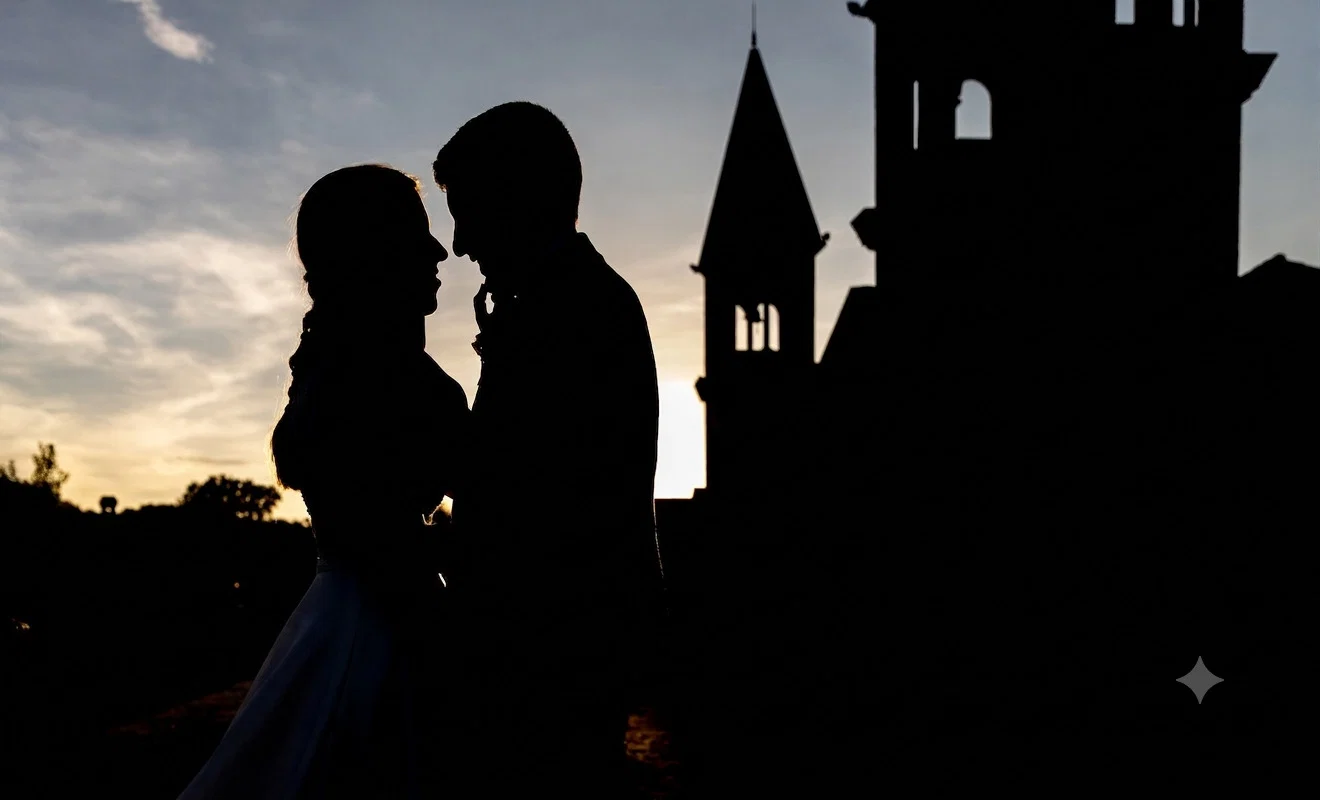 Silueta novios atardecer en Aldea Santillana, Madrid.