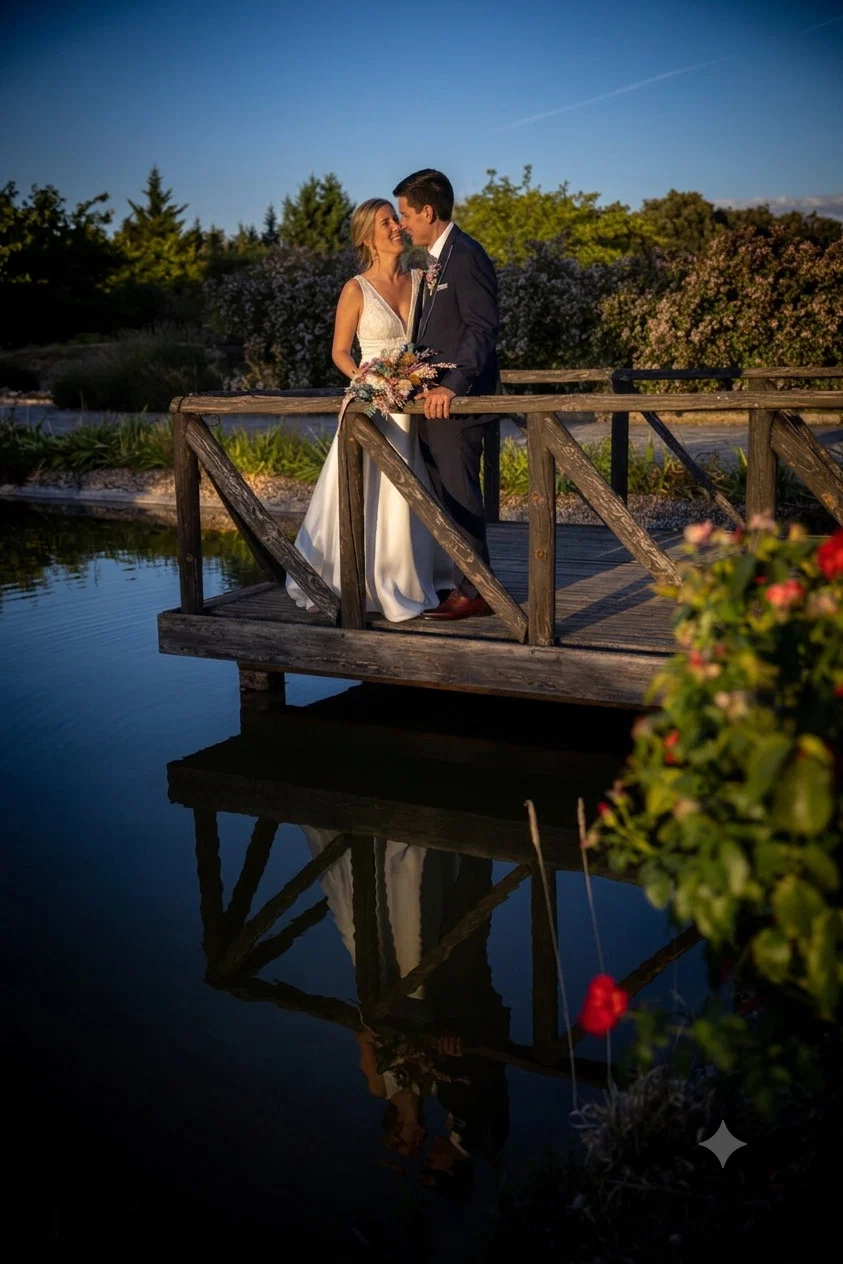 Novios puente jardín en Aldea Santillana, Madrid.