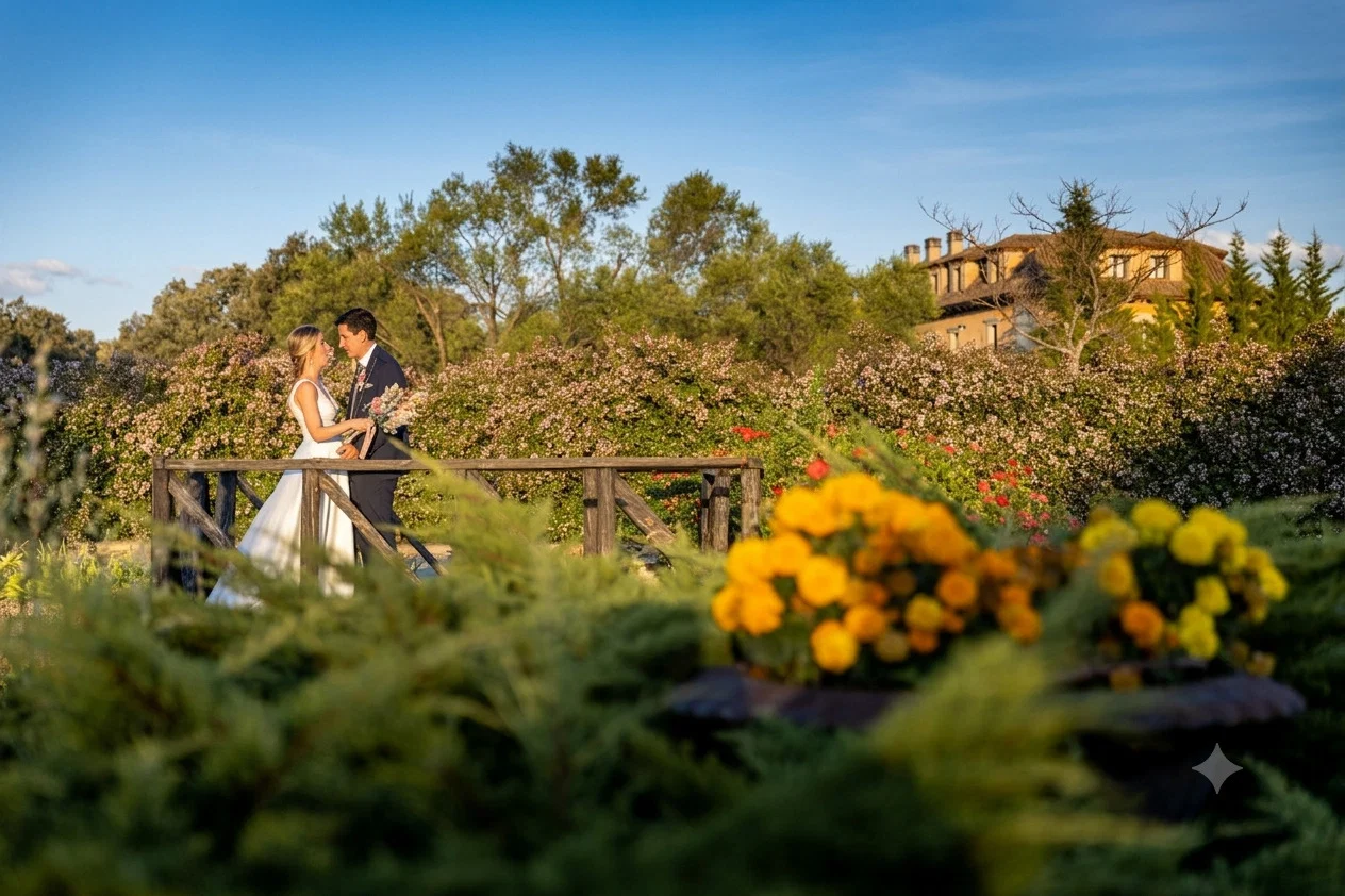 Novios jardines flores en Aldea Santillana, Madrid.