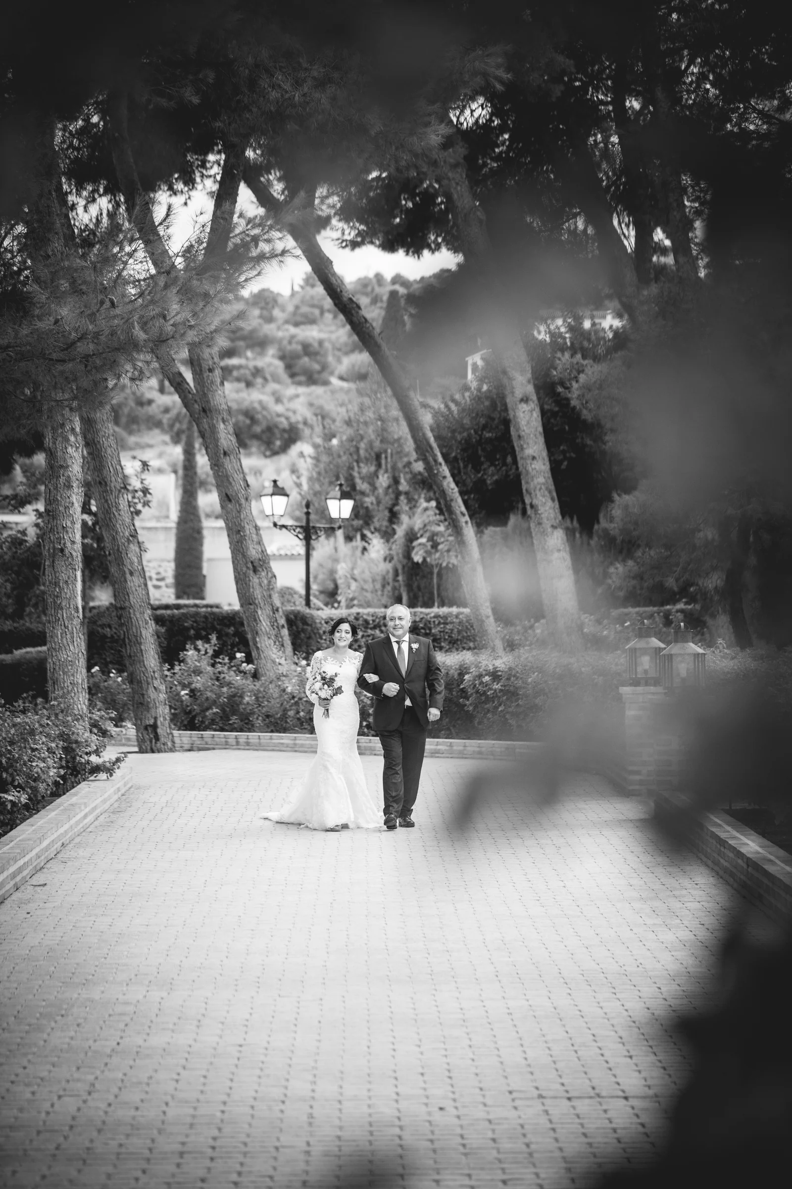 Novios caminando por los jardines en una fotografía artística en blanco y negro.