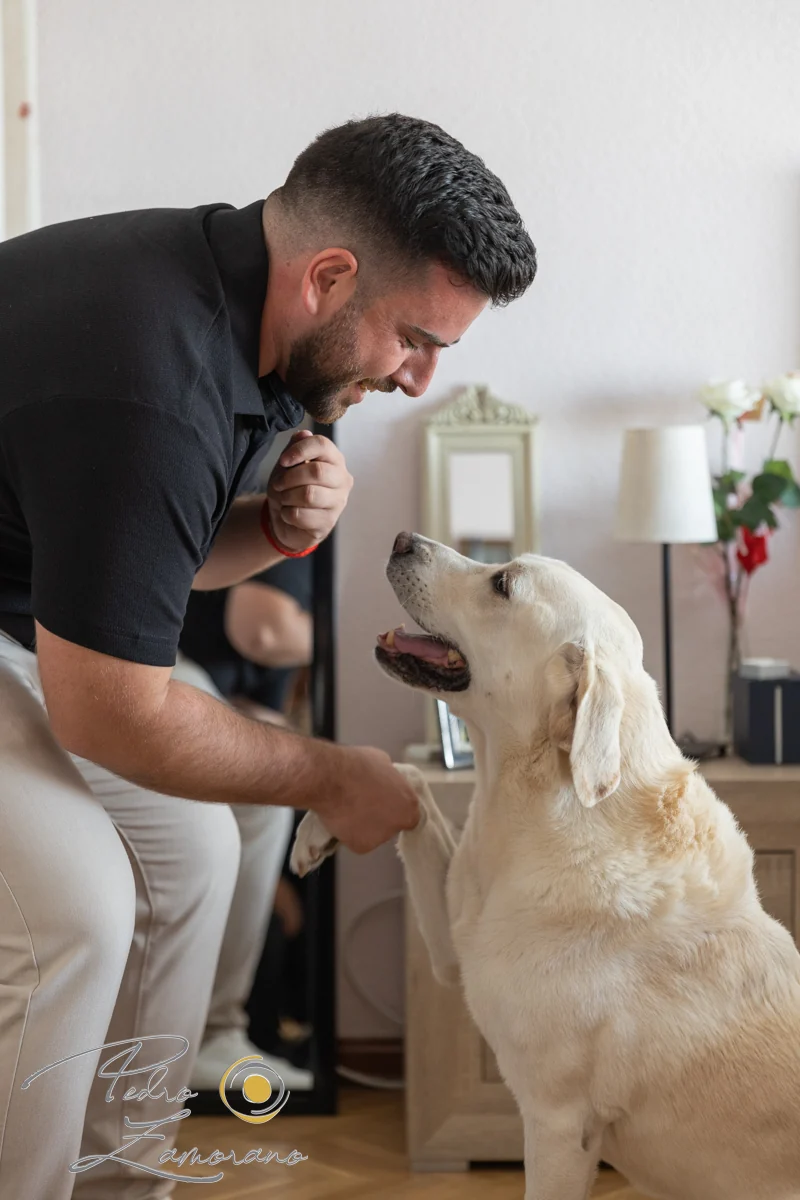 Novio con perro durante los preparativos en una boda en Complejo La Cigüeña