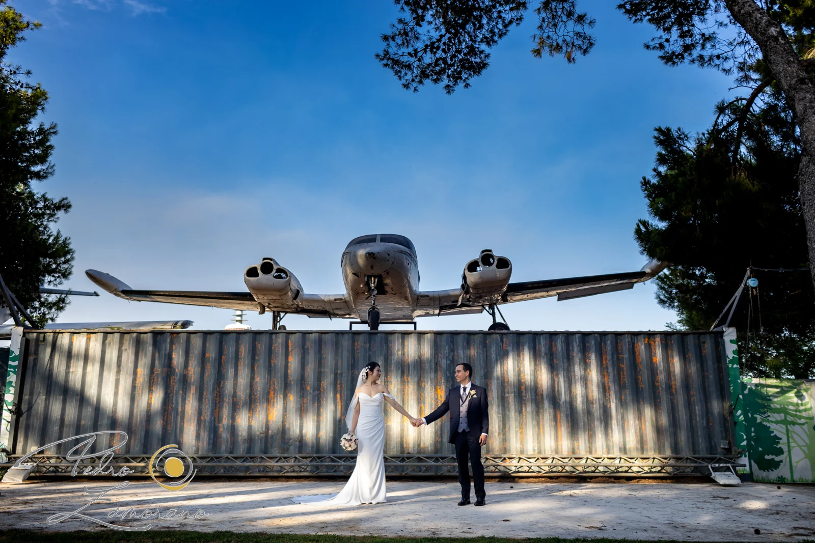 Novios junto a avioneta durante una boda en Mirador de Cuatro Vientos.