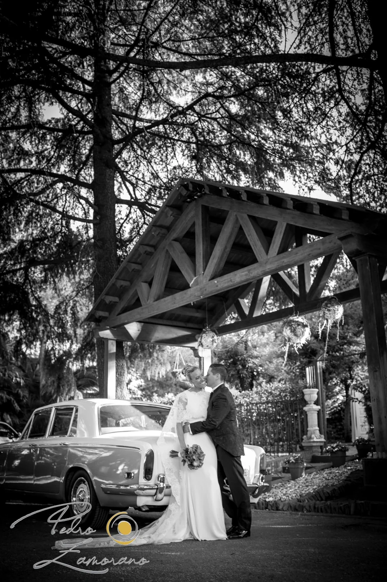Novios junto a coche bajo pergola durante una boda en Mirador de Cuatro Vientos.