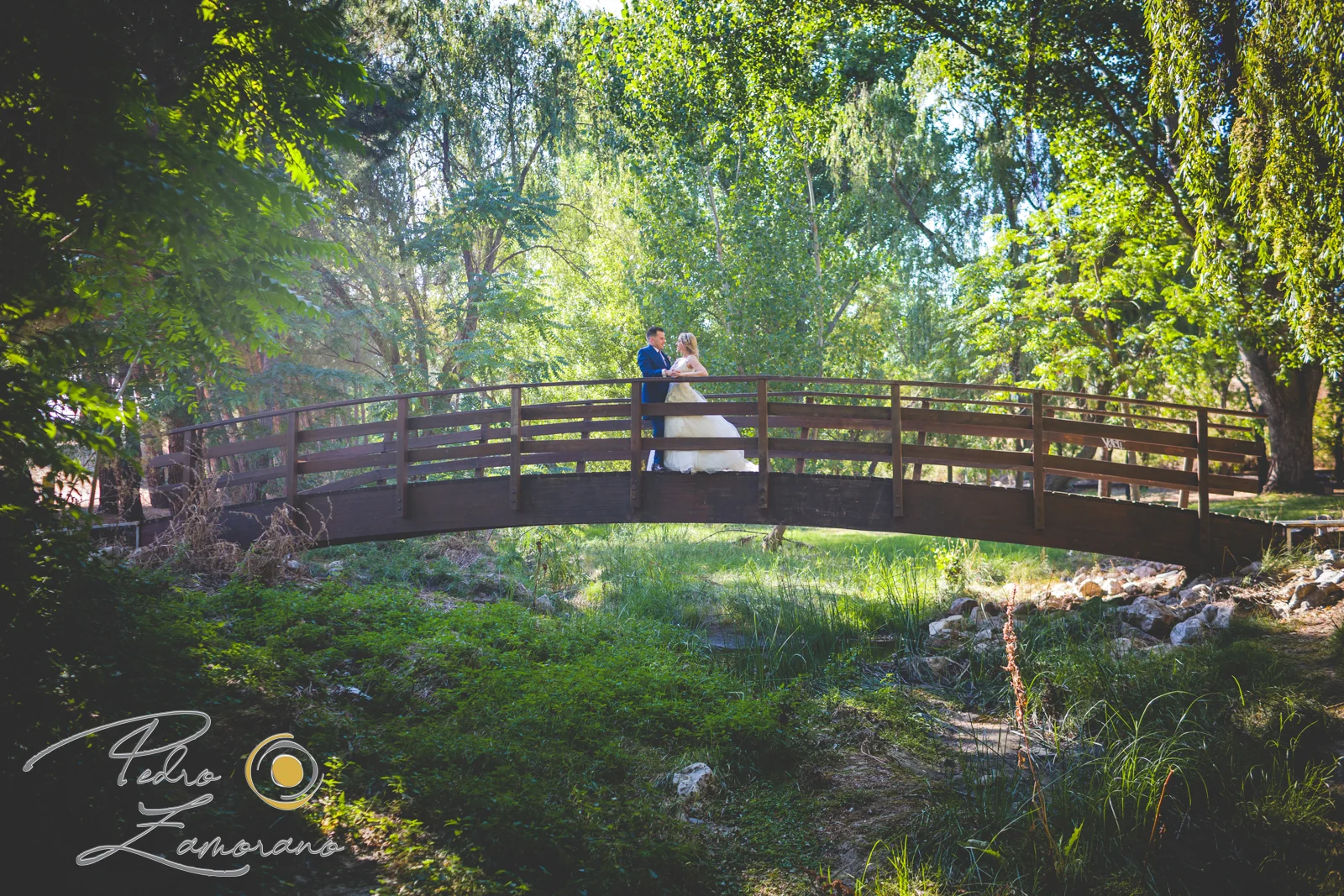 Novios sobre puente de madera durante una boda en Mirador de Cuatro Vientos.