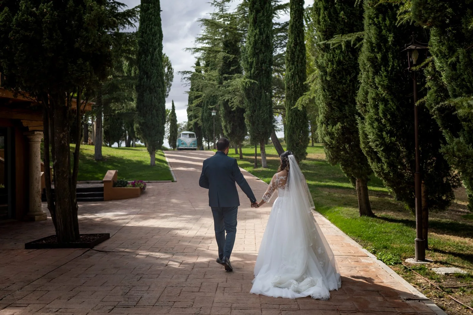 Novios caminando por la avenida de cipreses en una boda en Peñarrubia de Araceli, fotografía de Pedro Zamorano.