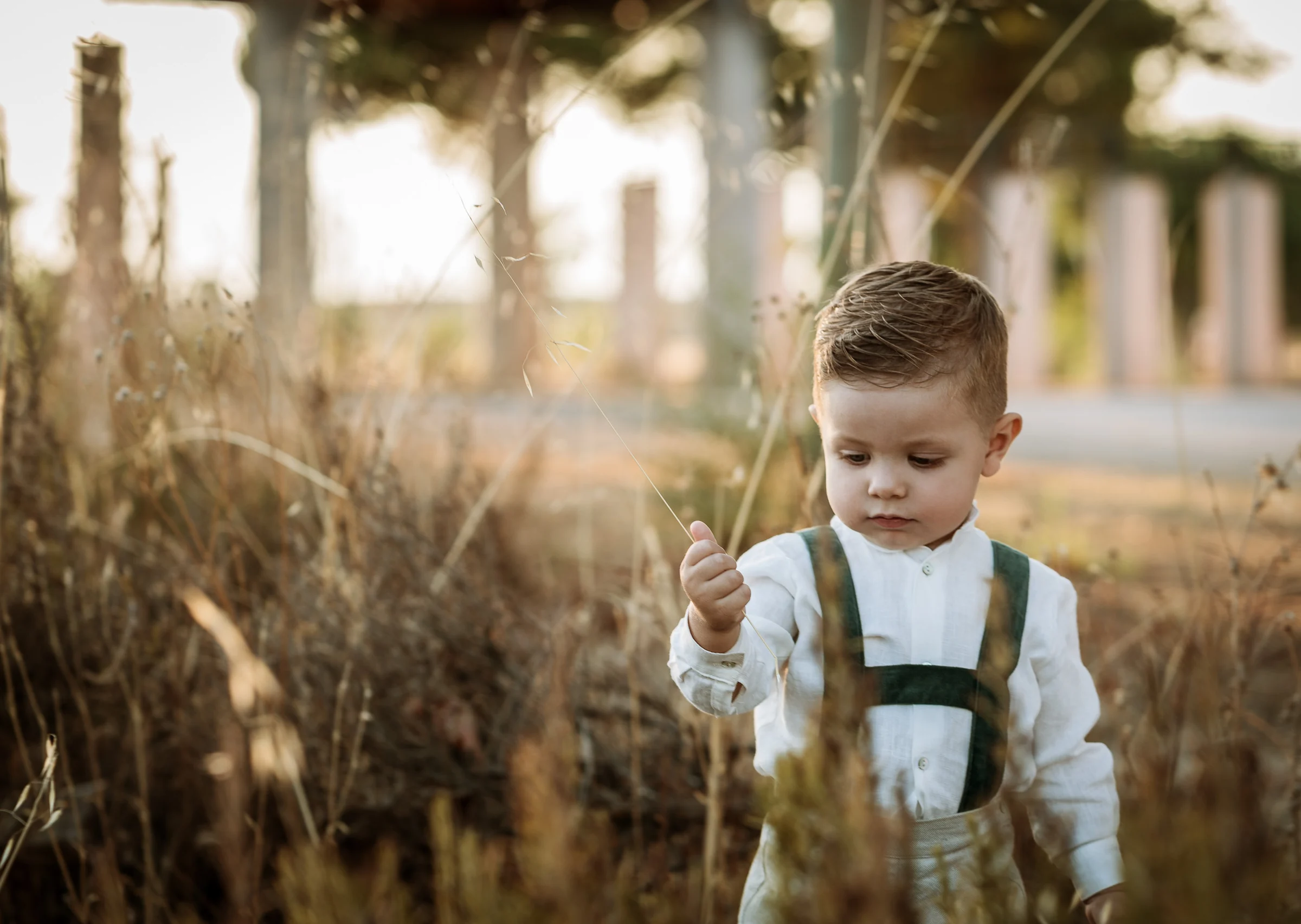 Niño pequeño con camisa blanca y tirantes camina entre hierba seca en un parque.