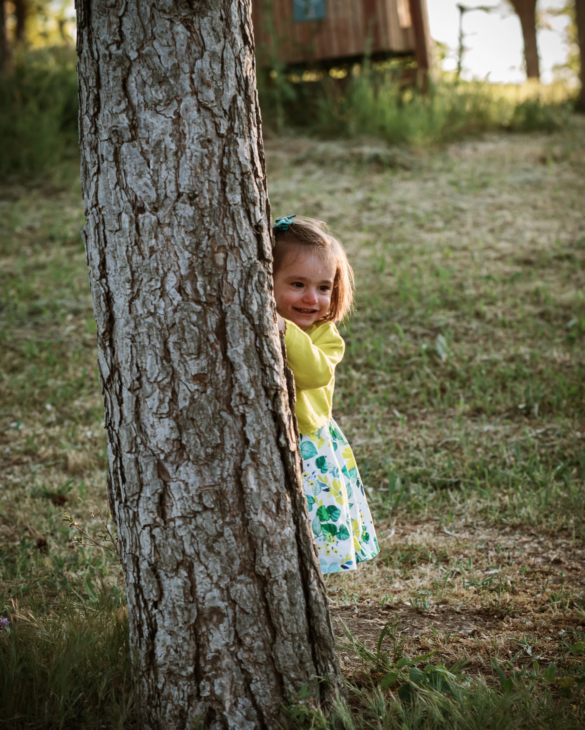 Niña pequeña se asoma sonriente desde detrás de un árbol durante una sesión familiar.
