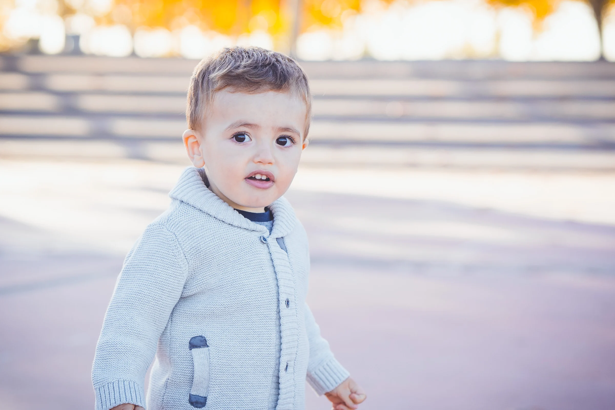 Niño pequeño con chaqueta de punto gris mira a cámara en un retrato al aire libre.