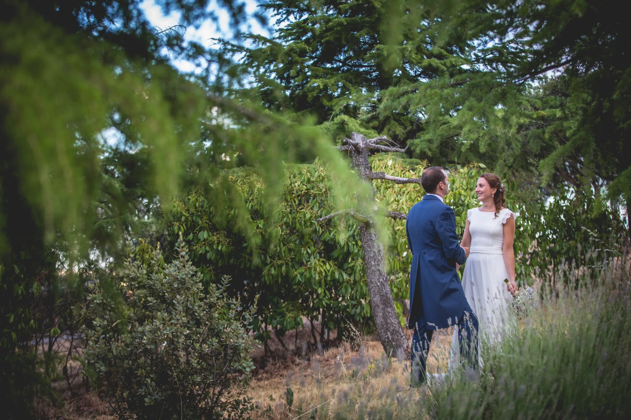 Novios paseando entre vegetacion durante una boda en Valquijancho.